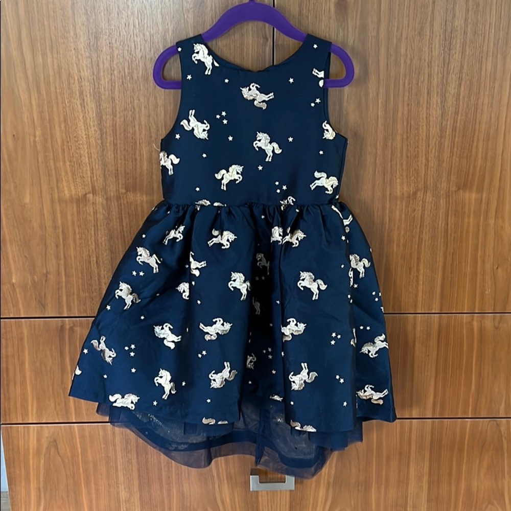 girls navy dress with gold unicorns